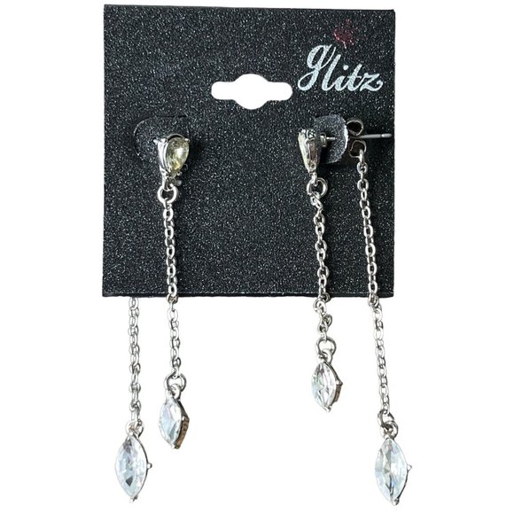 Glitz Jewelry - Glitz Earrings Silver Colored Clear Stone Double Chain
